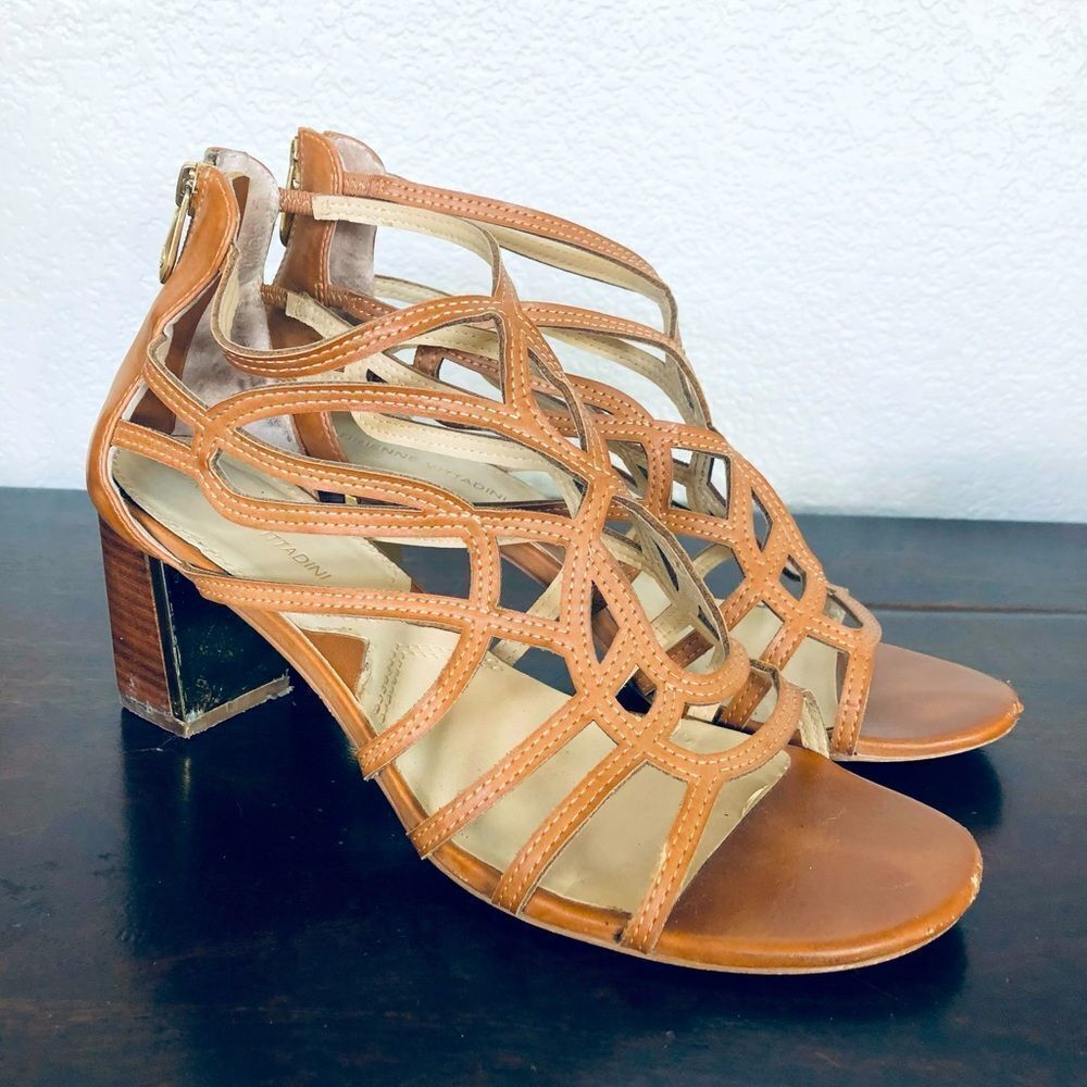 Adrienne Vittadini Tan Cutout Block Sandal Heels 8
